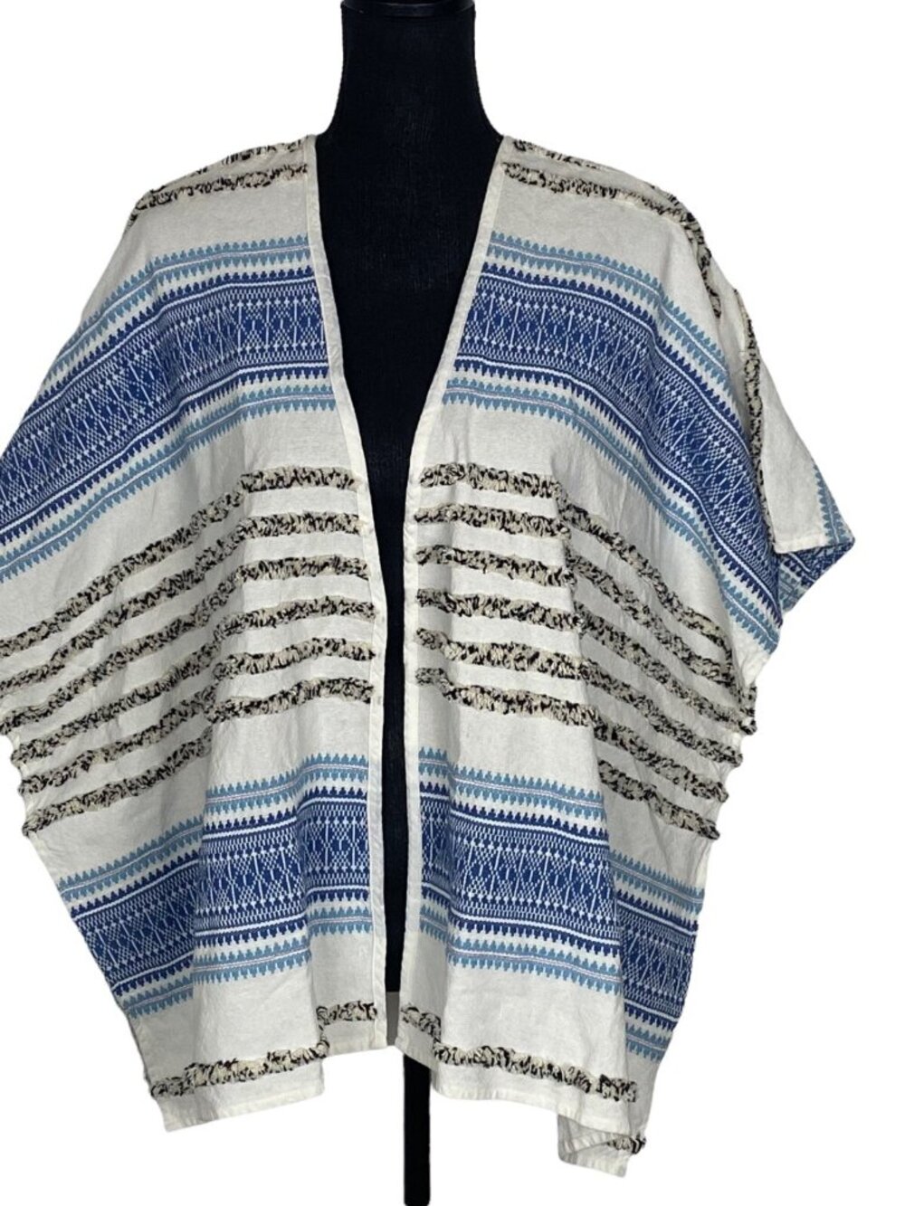 DYLAN Women Cotton Southwestern Embroidered Poncho Sz XS White Blue Boho 8-9